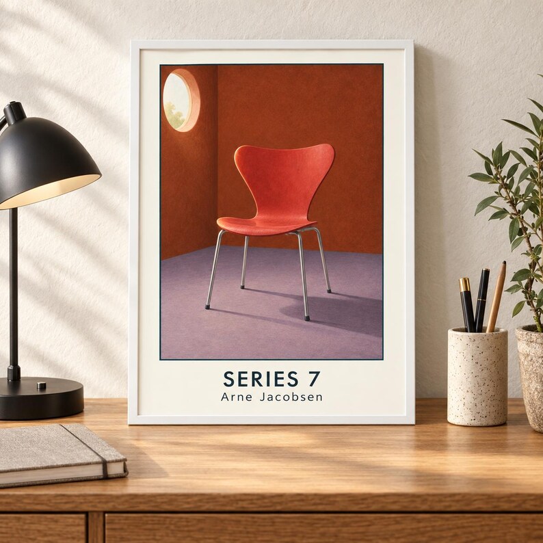 May include: A framed wall art print featuring a red Series 7 chair by Arne Jacobsen. The chair has a curved seat and four thin metal legs, set against a terracotta wall with a circular window and a purple floor. The text reads SERIES 7 Arne Jacobsen.