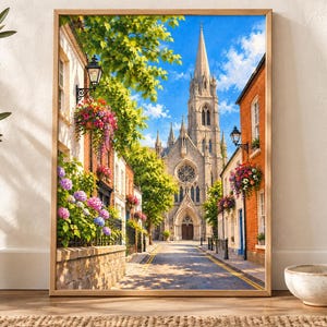 Pu&ograve; includere: Una stampa d'arte da parete incorniciata che raffigura una stretta strada europea con un'alta chiesa in pietra dotata di guglia e rosone sullo sfondo. La strada &egrave; fiancheggiata da edifici in mattoni, cesti di fiori appesi e ortensie.
