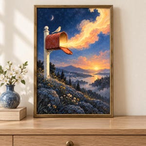 Peut inclure: Une impression d'art encadr&eacute;e repr&eacute;sentant une bo&icirc;te aux lettres rouge sur un poteau au sommet d'une colline rocheuse. Un petit oiseau est pos&eacute; sur la bo&icirc;te, d'o&ugrave; &eacute;merge une lumi&egrave;re dor&eacute;e vers un ciel de coucher de soleil sur un lac.