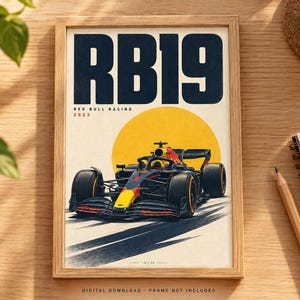 May include: A framed poster featuring a dark blue and yellow Red Bull Racing RB19 Formula 1 car centered against a large yellow circle. The text RB19 is printed in large dark blue letters at the top, with Red Bull Racing 2023 printed below.