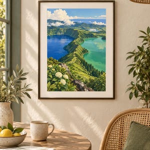 Puede incluir: Una l&aacute;mina art&iacute;stica vertical enmarcada que muestra un paisaje con dos lagos adyacentes, uno azul intenso y otro turquesa, separados por una cresta verde. Flores de hortensia blancas aparecen en primer plano, con monta&ntilde;as al fondo.