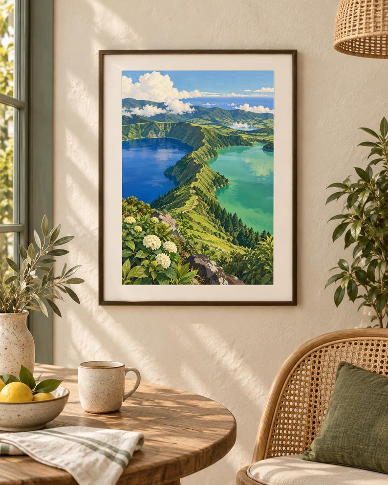 Puede incluir: Una l&aacute;mina art&iacute;stica vertical enmarcada que muestra un paisaje con dos lagos adyacentes, uno azul intenso y otro turquesa, separados por una cresta verde. Flores de hortensia blancas aparecen en primer plano, con monta&ntilde;as al fondo.