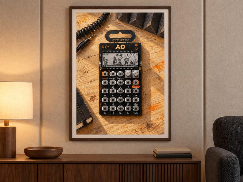 Op de afbeelding: Een zwarte Teenage Engineering PO-33 K.O. pocket operator sampler en sequencer met een monochroom LCD-scherm dat de tekst K.O. weergeeft, een raster van zestien ronde knoppen, twee zilveren draaiknoppen en oranje accenten, ingelijst als wandkunst.