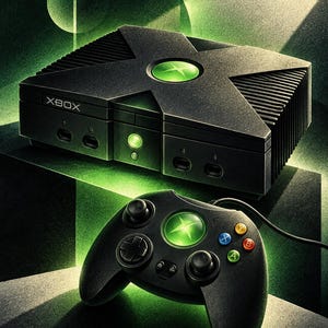 May include: A black Xbox video game console featuring a large X-shaped top design with a central green logo, alongside a matching black wired controller with a green logo button, two analogue sticks, a directional pad, and four coloured action buttons.