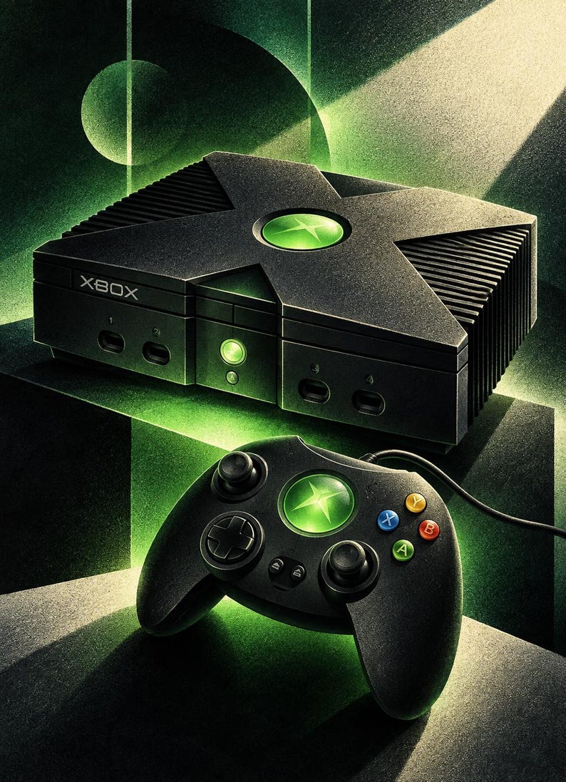 May include: A black Xbox video game console featuring a large X-shaped top design with a central green logo, alongside a matching black wired controller with a green logo button, two analogue sticks, a directional pad, and four coloured action buttons.