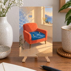 Puede incluir: Una impresi&oacute;n art&iacute;stica surrealista sobre un peque&ntilde;o caballete que muestra un sill&oacute;n naranja con un asiento hecho de agua de mar azul ondulante. Dos peque&ntilde;as boyas amarillas flotan en la superficie. El sill&oacute;n est&aacute; en una habitaci&oacute;n soleada con vista al mar.