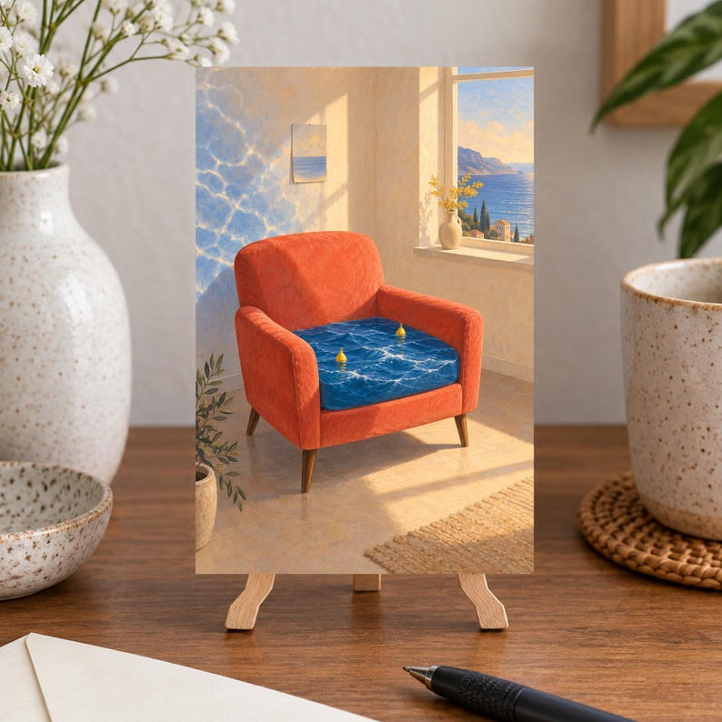 Puede incluir: Una impresi&oacute;n art&iacute;stica surrealista sobre un peque&ntilde;o caballete que muestra un sill&oacute;n naranja con un asiento hecho de agua de mar azul ondulante. Dos peque&ntilde;as boyas amarillas flotan en la superficie. El sill&oacute;n est&aacute; en una habitaci&oacute;n soleada con vista al mar.