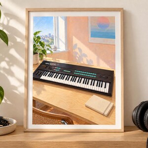 May include: A framed art print featuring a black Yamaha DX7 synthesiser resting on a light wood desk. The scene includes a small notebook, a window with a city view, and a potted plant, all captured in warm, soft sunlight within a wooden frame.