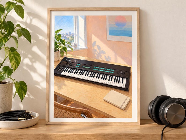 May include: A framed art print featuring a black Yamaha DX7 synthesiser resting on a light wood desk. The scene includes a small notebook, a window with a city view, and a potted plant, all captured in warm, soft sunlight within a wooden frame.