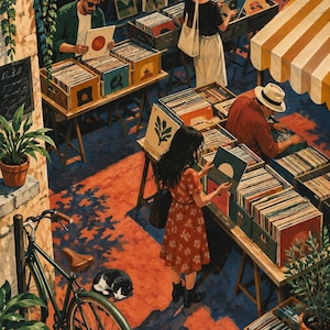 Pu&ograve; includere: Un mercato all'aperto con diversi tavoli in legno pieni di dischi in vinile in cassette. Alcune persone sfogliano la collezione sotto tende a righe gialle e bianche. Una bicicletta verde &egrave; parcheggiata vicino a un gatto bianco e nero che dorme.