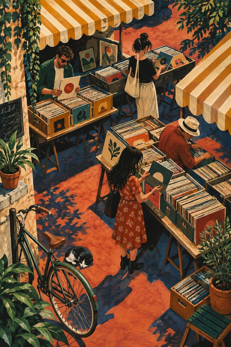 Pu&ograve; includere: Un mercato all'aperto con diversi tavoli in legno pieni di dischi in vinile in cassette. Alcune persone sfogliano la collezione sotto tende a righe gialle e bianche. Una bicicletta verde &egrave; parcheggiata vicino a un gatto bianco e nero che dorme.
