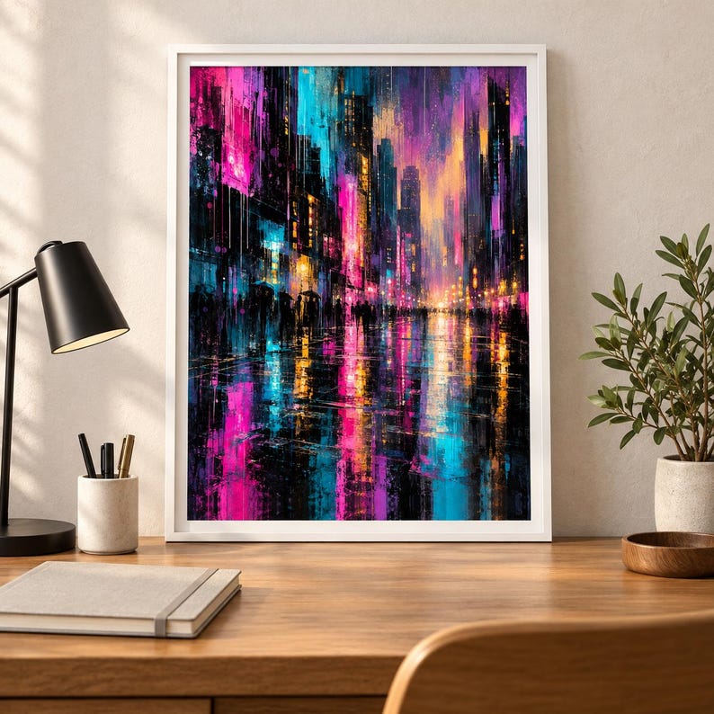 May include: A framed vertical wall art print depicting a vibrant city street at night with tall buildings, glowing neon lights in shades of hot pink, electric blue, and golden yellow, and reflections of the city lights on a wet pavement surface.