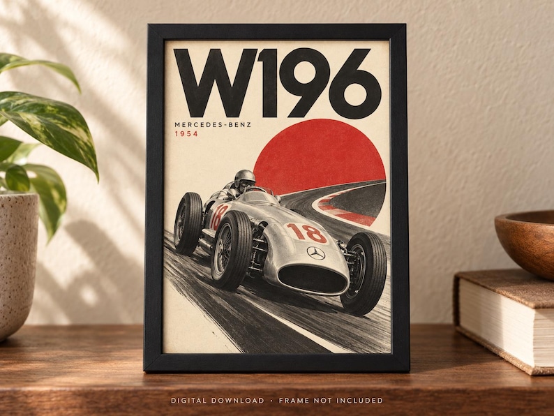 May include: A framed poster featuring a vintage silver Mercedes-Benz W196 race car with the number 18, driving on a track. The design includes a large red circle, the text W196, Mercedes-Benz, and 1954 in black and red against a cream background.