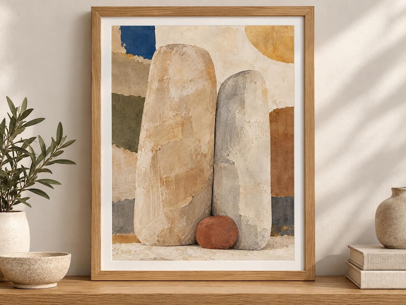 May include: A framed wall art print featuring an abstract composition of two large, textured, beige and gray stone-like vertical forms alongside a smaller, rounded, terracotta-colored stone, set against a background of muted color blocks.