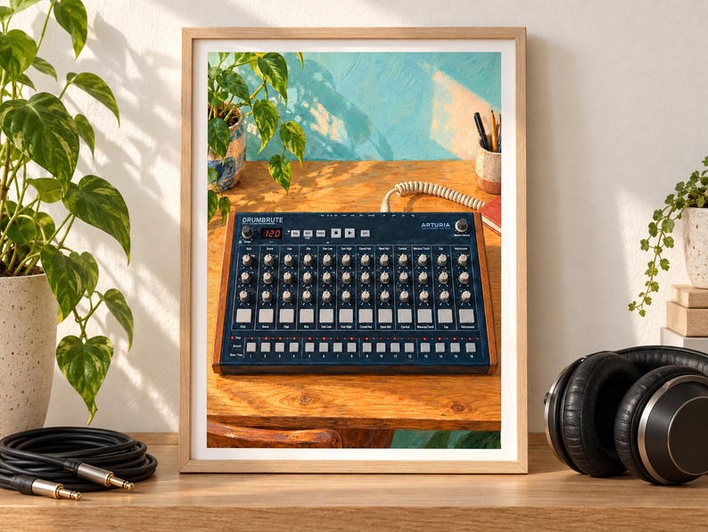 Puede incluir: Una impresi&oacute;n enmarcada de una caja de ritmos anal&oacute;gica Arturia DrumBrute con panel de control azul oscuro, perillas plateadas y paneles laterales de madera. El dispositivo muestra el texto DrumBrute y Arturia, con una pantalla digital.