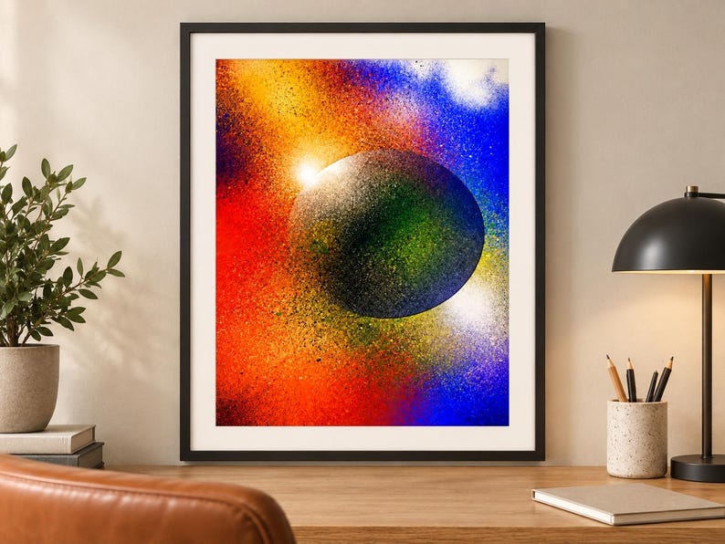 Op de afbeelding: Een ingelijste wandkunstprint met een centrale donkere bol omringd door een levendig, met spuitverf aangebracht nevel-effect in tinten rood, oranje, geel en blauw. De compositie vertoont een getextureerd, gespikkeld uiterlijk met heldere lichtflitsen.