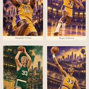 May include: A set of four basketball player art prints featuring Shaquille O'Neal in a yellow Lakers jersey, Magic Johnson in a yellow Lakers jersey, Larry Bird in a green Celtics jersey, and Kareem Abdul-Jabbar in a yellow Lakers jersey.