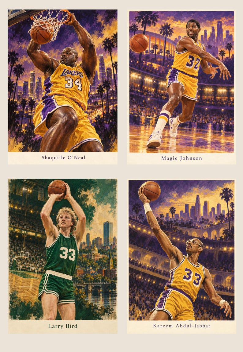 May include: A set of four basketball player art prints featuring Shaquille O'Neal in a yellow Lakers jersey, Magic Johnson in a yellow Lakers jersey, Larry Bird in a green Celtics jersey, and Kareem Abdul-Jabbar in a yellow Lakers jersey.
