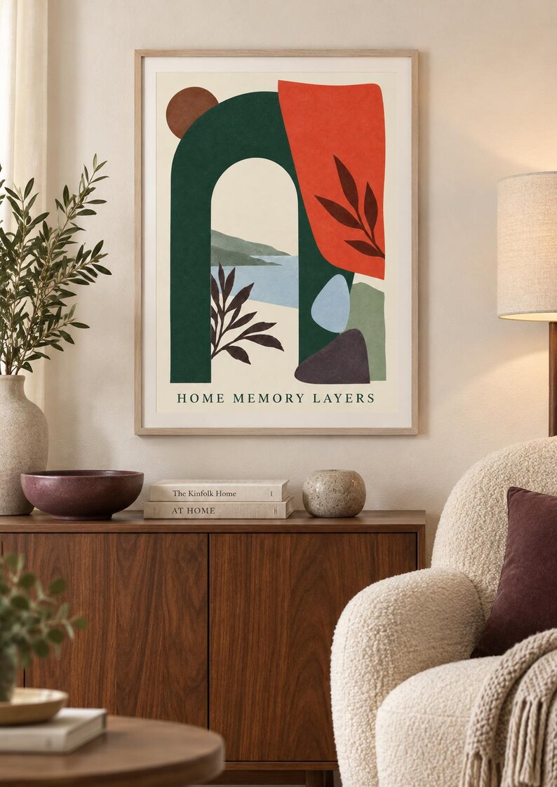 Pu&ograve; includere: Una stampa artistica da parete incorniciata che presenta una composizione astratta con un arco verde scuro, una forma organica rossa con sagome di foglie, una scena d'acqua azzurra e un cerchio marrone. Il testo HOME MEMORY LAYERS &egrave; stampato in nero.