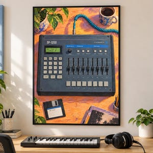 May include: A framed wall art print depicting a dark gray SP-1200 drum machine with a digital display, a numeric keypad, eight vertical faders, and eight square buttons. A blue coiled cable is plugged into the top, and a floppy disk is below.