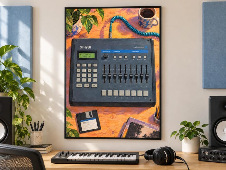 May include: A framed wall art print depicting a dark gray SP-1200 drum machine with a digital display, a numeric keypad, eight vertical faders, and eight square buttons. A blue coiled cable is plugged into the top, and a floppy disk is below.