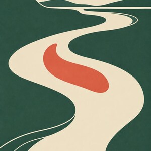 May include: A graphic art print featuring a winding cream-colored river flowing through dark green hills under a pale sky. A solid red circle representing the sun sits in the upper right, and a red oval shape floats in the center of the river path.