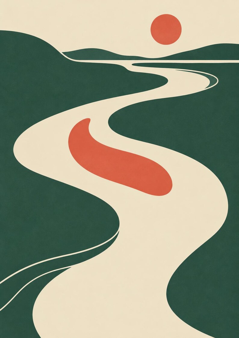 May include: A graphic art print featuring a winding cream-colored river flowing through dark green hills under a pale sky. A solid red circle representing the sun sits in the upper right, and a red oval shape floats in the center of the river path.