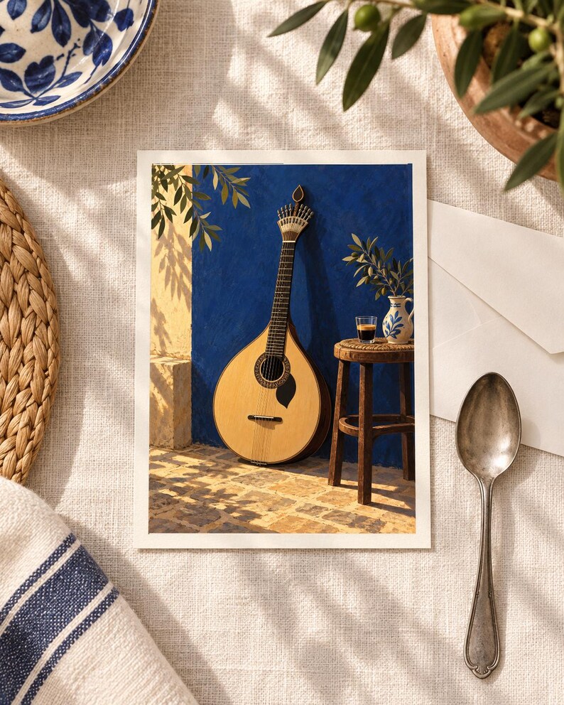 Pode incluir: Uma impress&atilde;o de arte retangular apresentando uma guitarra portuguesa de cor clara encostada numa parede azul vibrante. Ao lado da guitarra, um pequeno banco de madeira sustenta um copo de caf&eacute; expresso e um jarro de cer&acirc;mica.