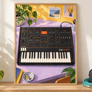 May include: A framed art print featuring an ARP Odyssey analog synthesizer with a black control panel, orange text, and white keys. The synthesizer sits on a light purple surface with a small bowl, books, and a potted plant nearby.