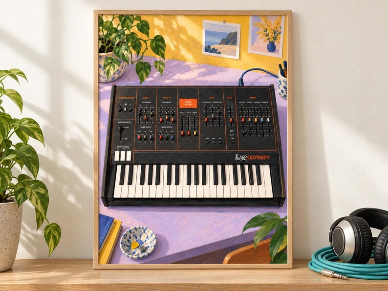 May include: A framed art print featuring an ARP Odyssey analog synthesizer with a black control panel, orange text, and white keys. The synthesizer sits on a light purple surface with a small bowl, books, and a potted plant nearby.