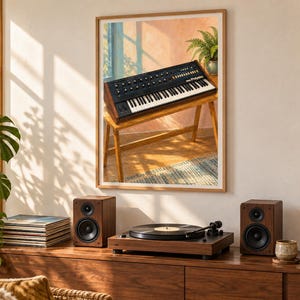 May include: A framed wall art print depicting a black synthesiser with wood side panels resting on a wooden stand. The synthesiser features a keyboard, numerous control knobs, and the text PolySix printed in white on the top right corner.