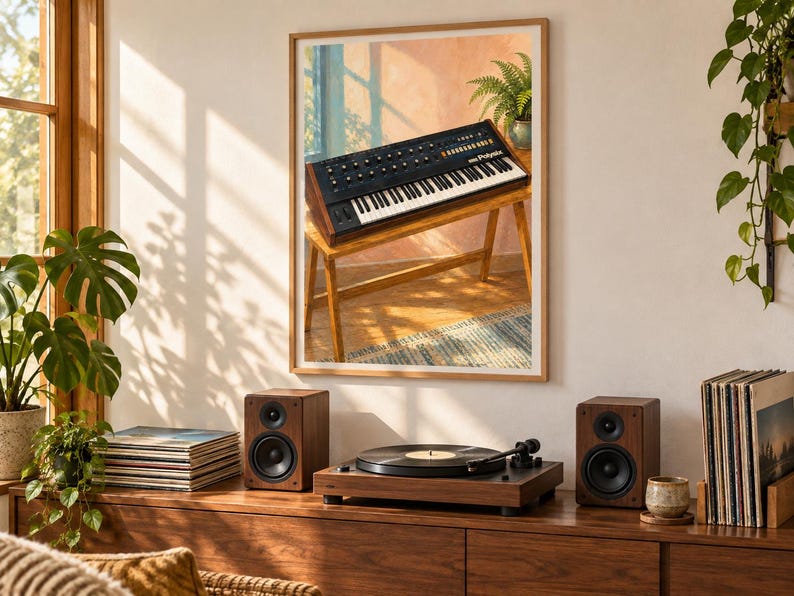 May include: A framed wall art print depicting a black synthesiser with wood side panels resting on a wooden stand. The synthesiser features a keyboard, numerous control knobs, and the text PolySix printed in white on the top right corner.