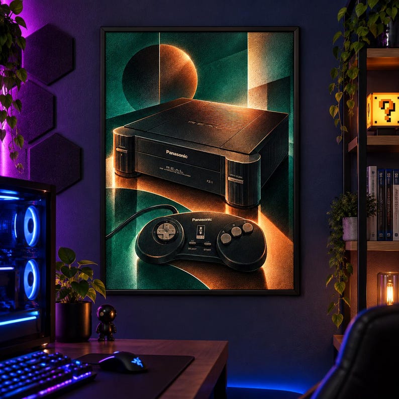 Puede incluir: Una l&aacute;mina de arte mural enmarcada que muestra una consola de juegos Panasonic Real FZ-1 3DO negra y su mando a juego, sobre un fondo oscuro y abstracto con patrones de luz circulares y geom&eacute;tricos en naranja y azul cerceta.