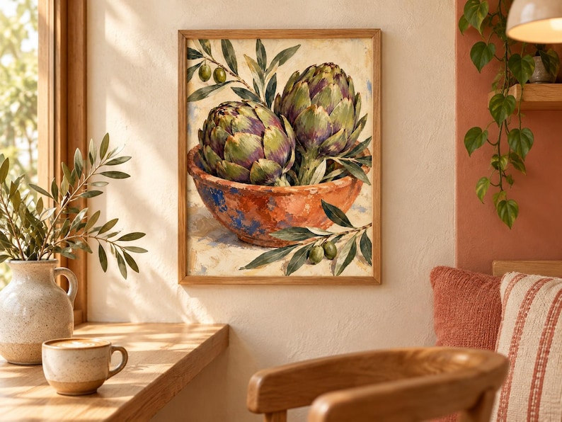 May include: A framed wall art print featuring a painting of two green and purple artichokes resting in a rustic, textured orange bowl. The composition includes sprigs of green olive leaves and small olives, set against a light, neutral background.