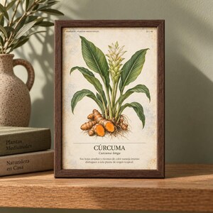 K&ouml;nnte beinhalten: Ein gerahmter botanischer Druck mit einer detaillierten Illustration einer Kurkuma-Pflanze mit gr&uuml;nen Bl&auml;ttern, einem hellen Bl&uuml;tenstand und orangefarbenen Rhizomen. Der Text lautet C&Uacute;RCUMA, Curcuma longa, und enth&auml;lt eine Beschreibung der Merkmale.