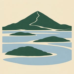 Pu&ograve; includere: Una stampa d'arte grafica raffigurante una montagna stilizzata verde scuro con un sentiero tortuoso che porta alla vetta, su uno specchio d'acqua azzurro con diverse isole verde scuro. La parola MAYO &egrave; stampata in verde scuro in basso.
