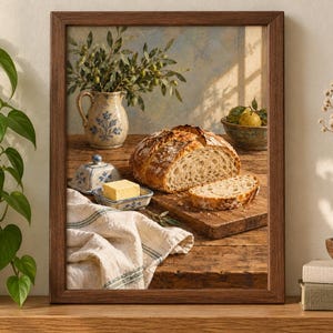 Peut inclure: Une impression d'art mural encadr&eacute;e repr&eacute;sentant une nature morte rustique sur une table en bois. L'image montre une miche de pain au levain tranch&eacute;e sur une planche en bois, un beurrier en c&eacute;ramique avec du beurre et un pichet d'olivier.