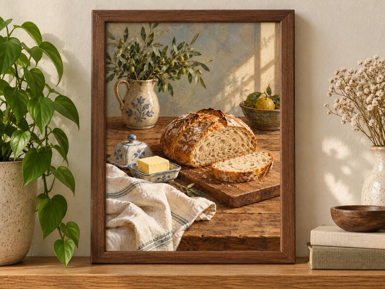 Peut inclure: Une impression d'art mural encadr&eacute;e repr&eacute;sentant une nature morte rustique sur une table en bois. L'image montre une miche de pain au levain tranch&eacute;e sur une planche en bois, un beurrier en c&eacute;ramique avec du beurre et un pichet d'olivier.