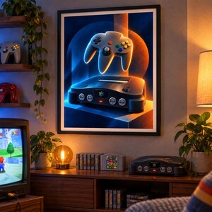 Op de afbeelding: Een ingelijste muurkunstprint met een grijze videogamecontroller die boven een zwarte spelconsole zweeft, tegen een blauwe en oranje cirkelvormige achtergrond. Het kunstwerk hangt in een kamer met een televisie, spelcartridges en planten.
