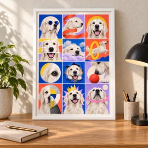 May include: A framed wall art print featuring a grid of twelve colorful panels, each displaying a golden retriever in various playful scenarios, including wearing sunglasses, jumping through a hoop, resting on clouds, and wearing a paper crown.