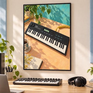 Puede incluir: Un teclado sintetizador Yamaha DX100 negro con teclas blancas y negras, una peque&ntilde;a pantalla digital y varios botones de control, mostrado en un cuadro decorativo de pared que presenta un escritorio con una planta y una taza.