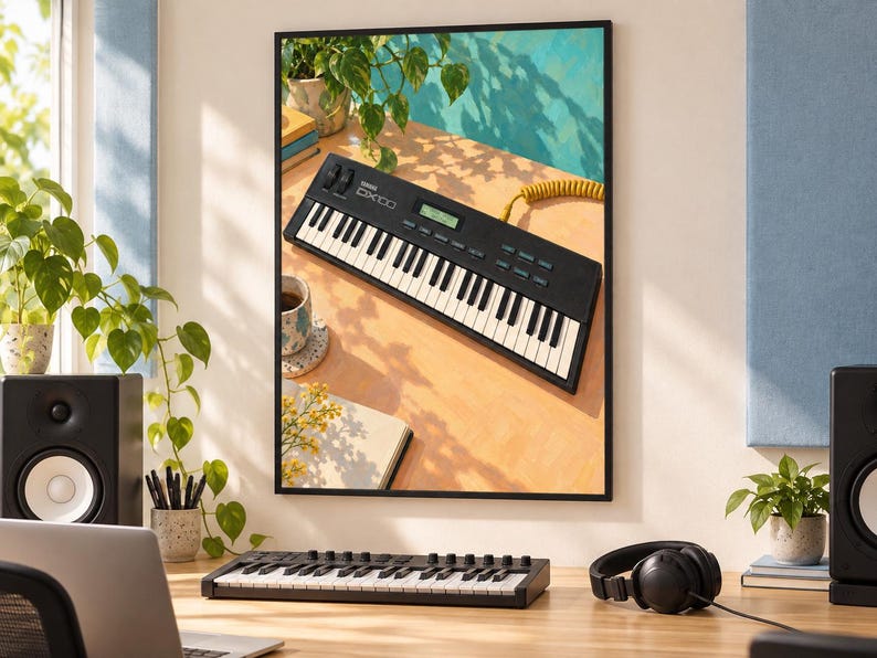 Puede incluir: Un teclado sintetizador Yamaha DX100 negro con teclas blancas y negras, una peque&ntilde;a pantalla digital y varios botones de control, mostrado en un cuadro decorativo de pared que presenta un escritorio con una planta y una taza.