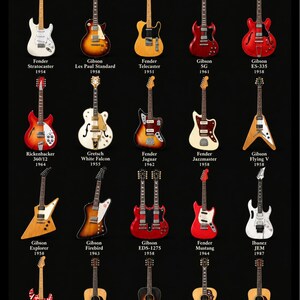 Iconic Guitars A2 Poster, 20 Legendary Guitars, Black and Ivory Versions, Printable Music Wall Art image 6
