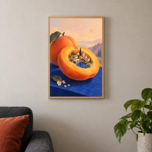 May include: A framed wall art print featuring a surreal illustration of a halved orange. Inside the fruit, a miniature Mediterranean village with stone buildings and a blue lake is nestled. The orange rests on a vibrant blue surface.