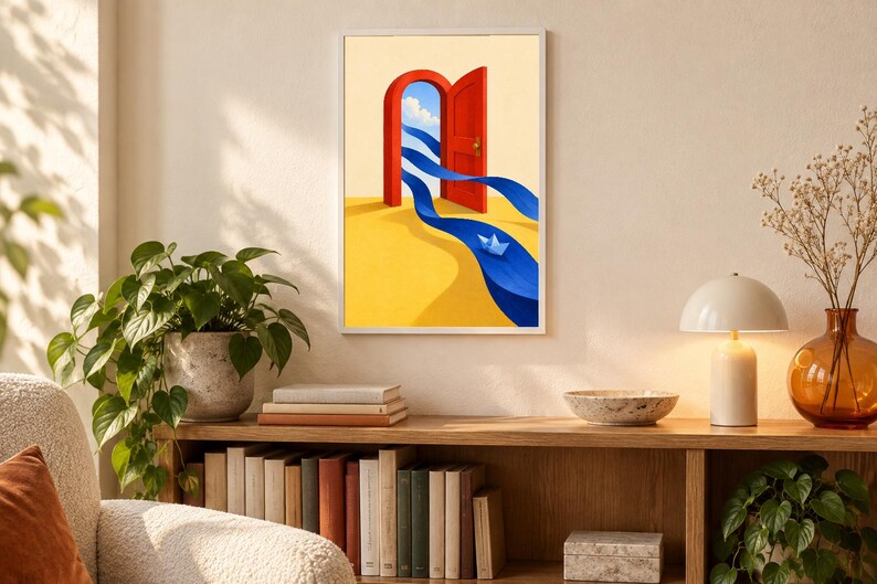 May include: A framed wall art print featuring a surreal illustration of a bright red door standing on a yellow surface. A blue ribbon-like stream flows from the open door across the yellow ground, carrying a small blue paper boat toward the viewer.