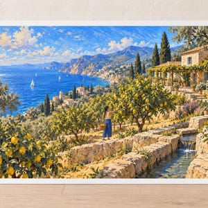 May include: A landscape painting depicting a coastal scene with a person harvesting lemons from trees on a terraced hillside. A stone water channel flows through the foreground, while the blue sea with sailboats and distant mountains fill the background.