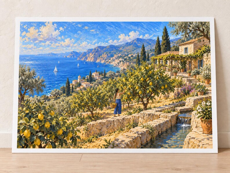 May include: A landscape painting depicting a coastal scene with a person harvesting lemons from trees on a terraced hillside. A stone water channel flows through the foreground, while the blue sea with sailboats and distant mountains fill the background.