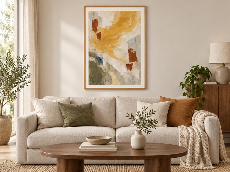 May include: A framed abstract wall art print featuring a composition of mustard yellow, burnt orange, muted green, and grey brushstrokes on a cream background, displayed in a light wood frame hanging above a beige sofa in a living room.
