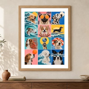 May include: A framed wall art print featuring a grid of twelve colorful illustrations of various dog breeds. The artwork depicts dogs in whimsical scenarios, including surfing, wearing orange slice glasses, and interacting with ocean waves and planets.
