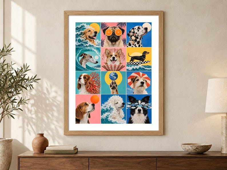 May include: A framed wall art print featuring a grid of twelve colorful illustrations of various dog breeds. The artwork depicts dogs in whimsical scenarios, including surfing, wearing orange slice glasses, and interacting with ocean waves and planets.